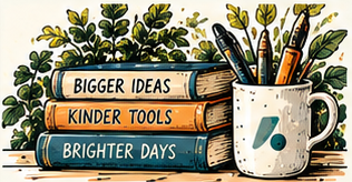 Stack of books about ideas, kinder tools and brighter days
