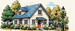 Illustrated house surrounded by a garden