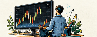 Illustrated trader at a chart monitor