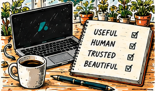 Illustrated laptop, mug and a checklist notebook