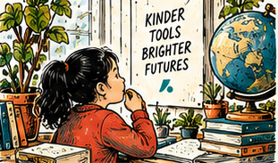 Illustrated learner thinking beside plants and books
