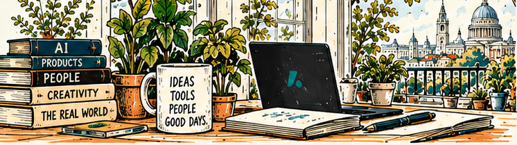Illustrated books, plants, mug, laptop and London window on a writing desk